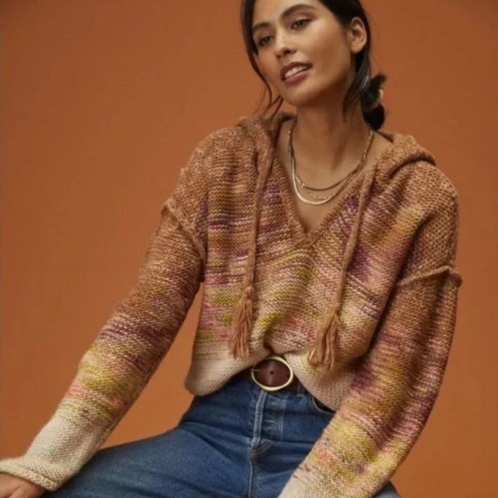Anthropologie - Pilcro Brown and Pink Hoodie V-Neck wool blend Sweater